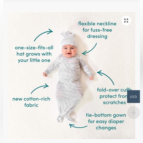 Aden + Anais knotted onesie with matching cap, unisex, size 0-3 months - Picture 6 of 11